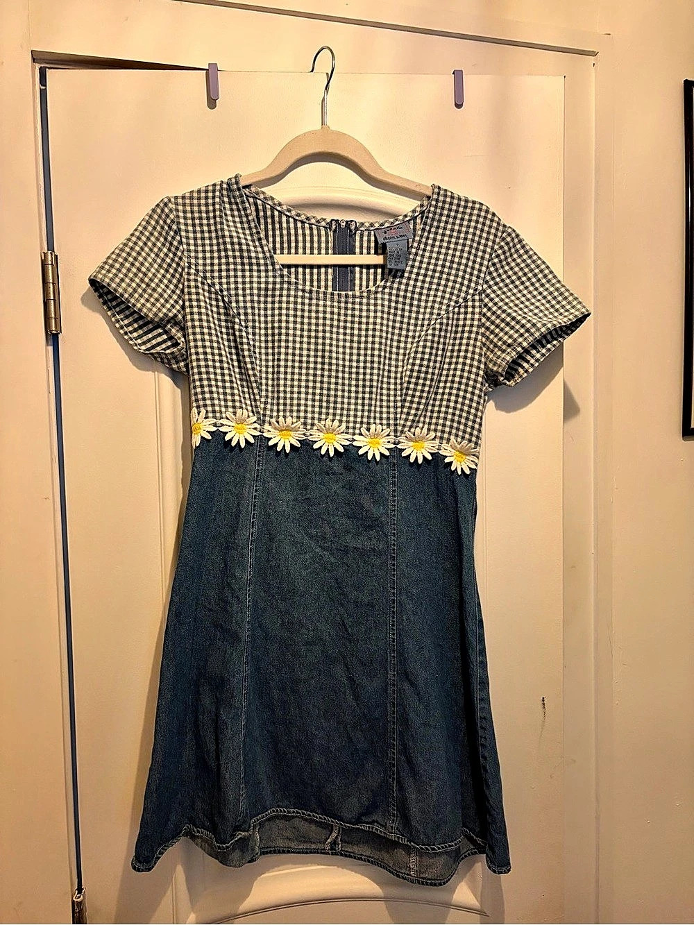 Vintage Gingham Daisy trim Denim Mini Dress, Size S